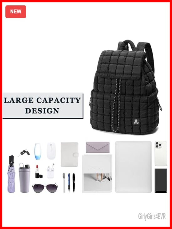 Quilted Lightweight Nylon Backpack with Drawstring and Snap Closure main image 5